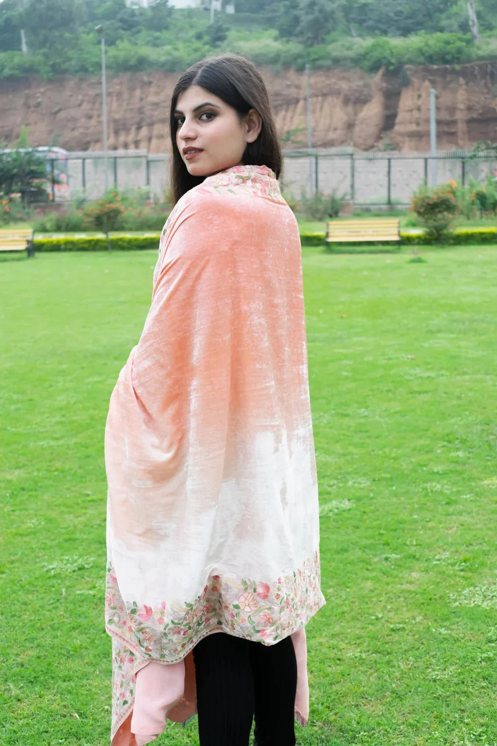 #Peach Gloss Velvet Ombre Cape with Aari Work: Peach and Fawn