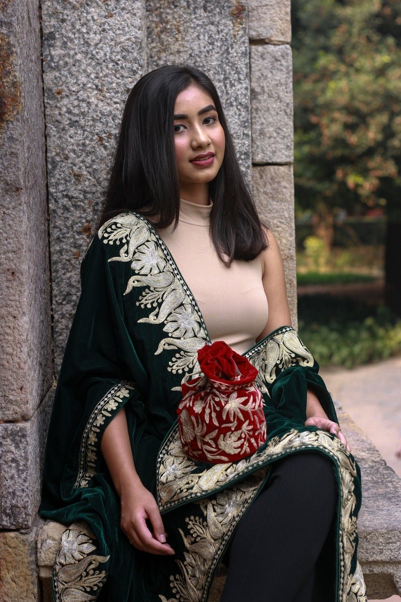 #BottleGreen Bottle Green Embroidered Velvet Cape Orni Bara Chinaar Design
