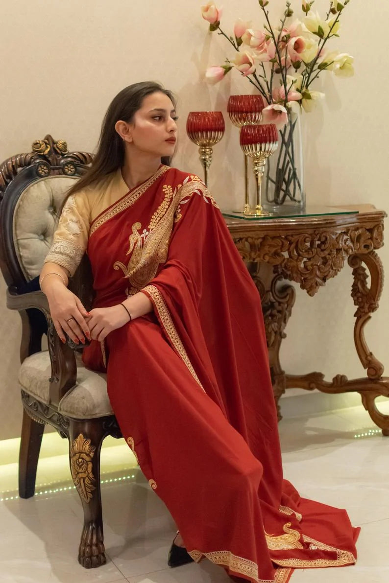 Red Crepe Saree with Handcrafted Tilla Embroidery