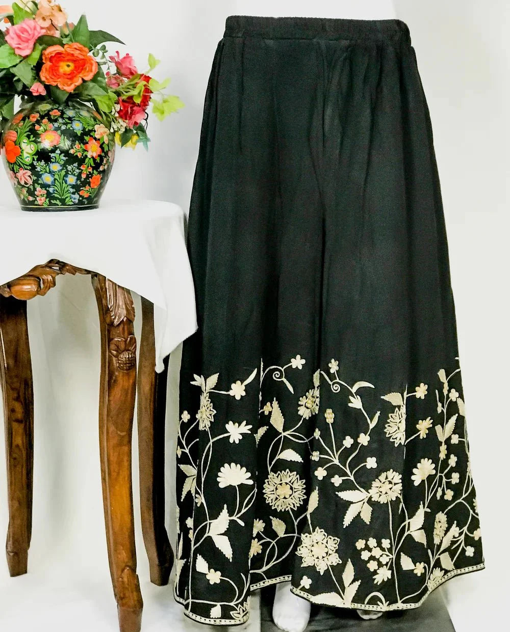 Black Women Sharara Pants with Aari and Tilla Embroidery