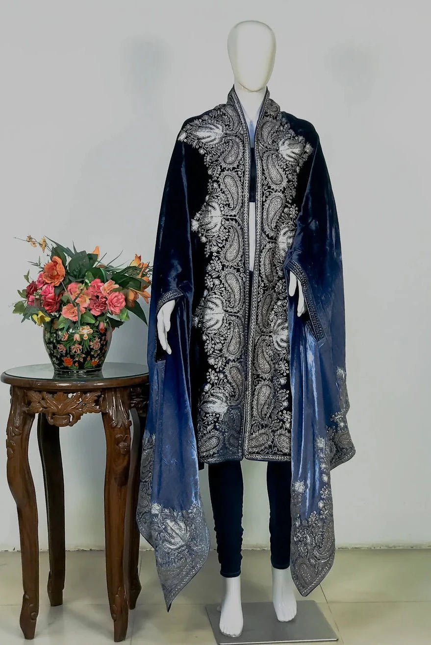 Antique Ambi Embroidered Ombre Blue Gloss Velvet Cape