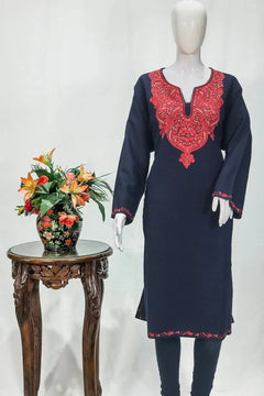 Navy Blue Woolen Phiran with Multi-Colour Aari Work