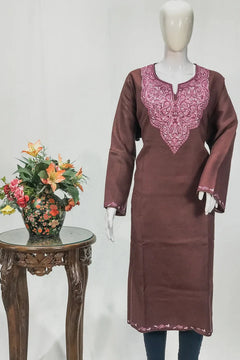 Brown Fawn Woollen Phiran with Multi-Colour Aari Work and Zari Detailing