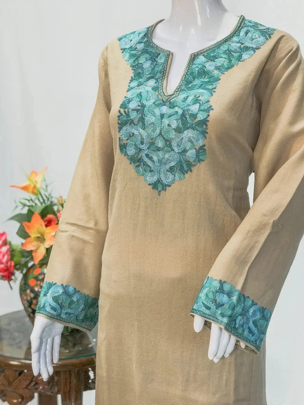 Light Beige Woollen Phiran with Multi-Colour Aari Work Front