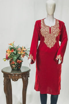 Red Velvet Phiran with Golden Zari Work