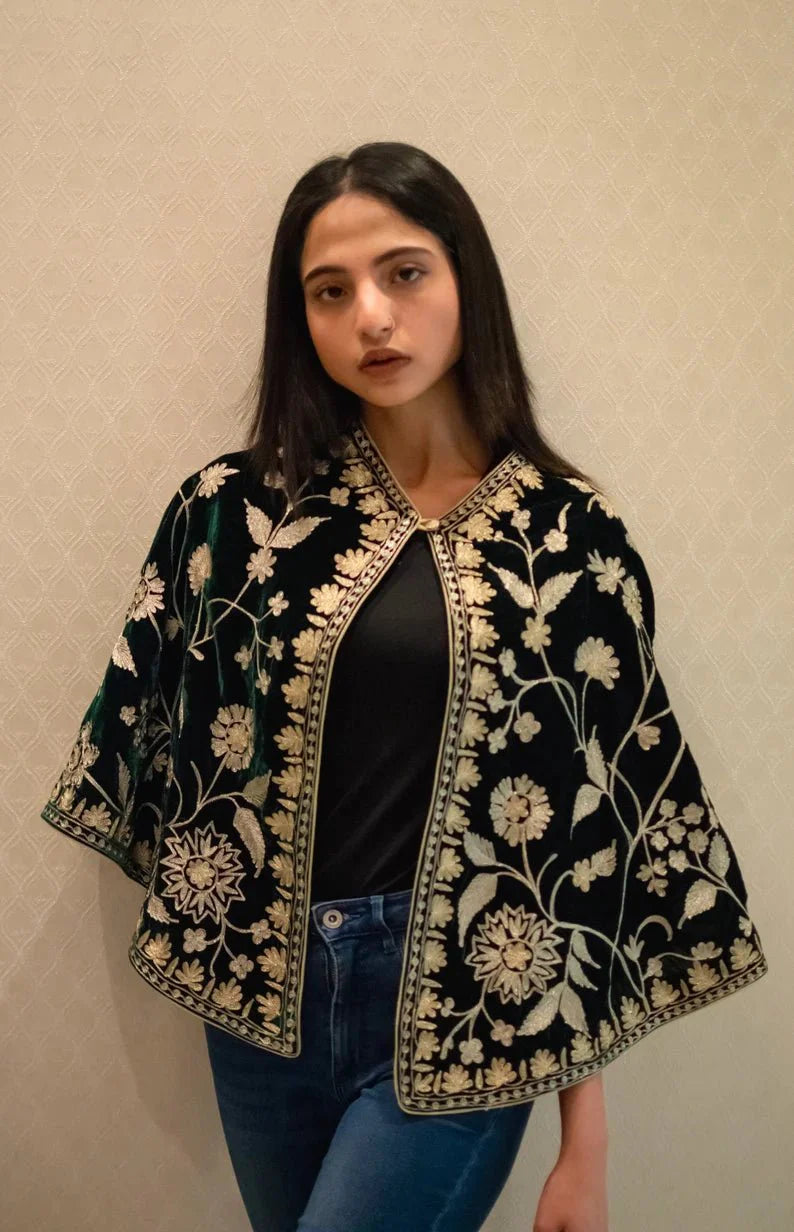Bottle Green Velvet Cape Poncho with Kashmiri Zari Work