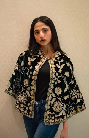 Bottle Green Velvet Cape Poncho with Kashmiri Zari Work