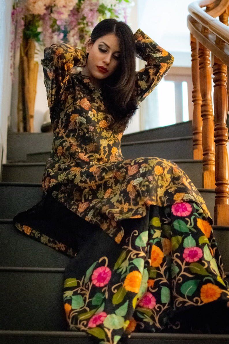 Ash Black Women Sharara with Rich Floral Embroidery close up