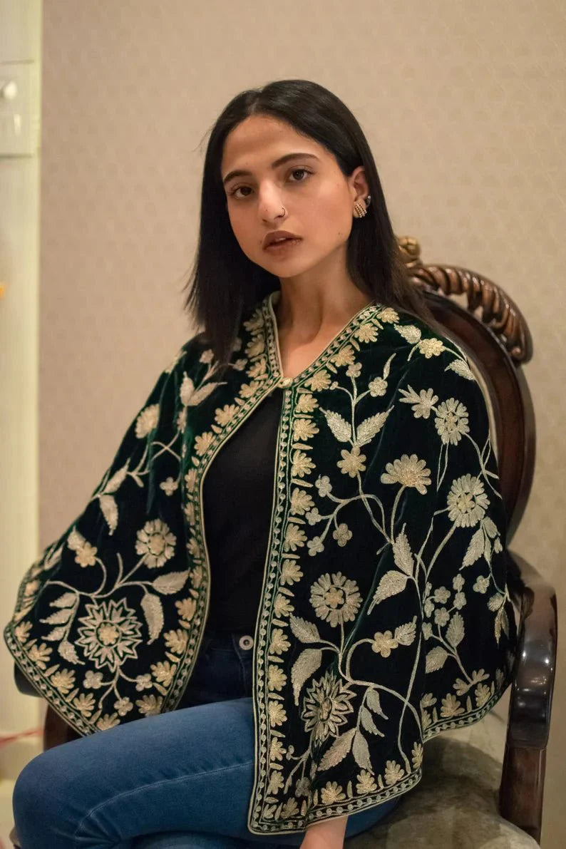 Bottle Green Velvet Cape Poncho with Kashmiri Zari Work
