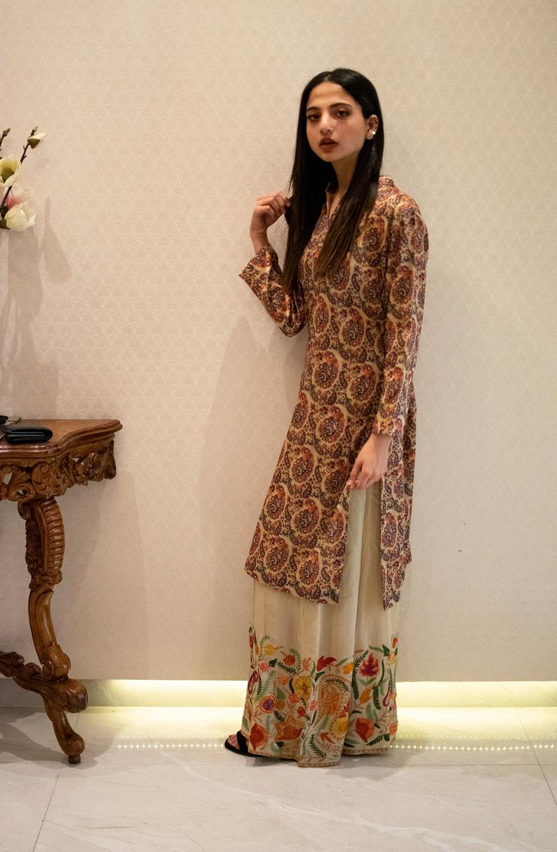 Beige Women Sharara with Rich Floral Embroidery, Embroidered Shararas