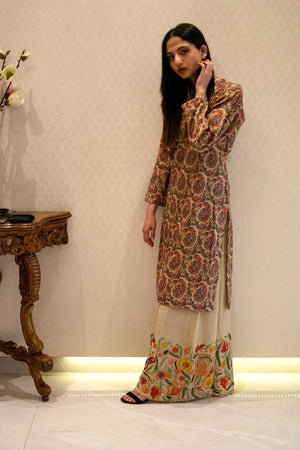 Beige Women Sharara with Rich Floral Embroidery, Embroidered Shararas